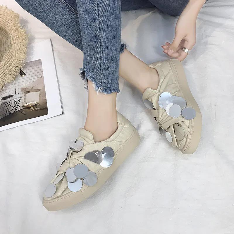 Women's Shoes Hong Kong Style Small White Shoes Women's Sequined Canvas All-match Flat Shoes