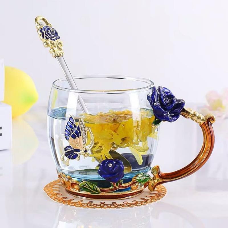 Exquisite 3D Coffee Tea Glass Enamel Cups Butterfly Rose Tea Cup Carved Flower Cup