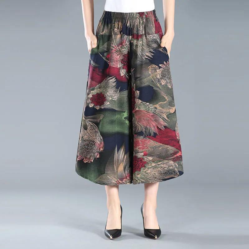 Women Summer Large Size Printed Dance Culottes Loose High Waist Vintage Elastic Casual Cropped Pants