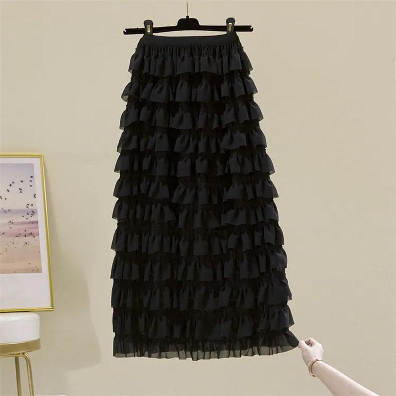 Women Tiered Skirts Summer Elegant Chiffon A-line Layered Skirt Female Elastic High Waist Preppy Style Dancing Long Skirts