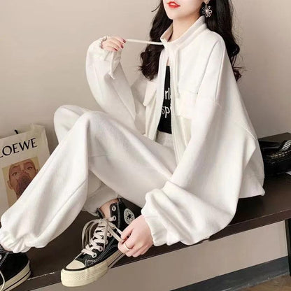 2PCS Women's Autumn Leisure Sports Sweater Suit Two-Piece Zipper Cardigan + Sweatpants Ladies Loose Fitness Clothing