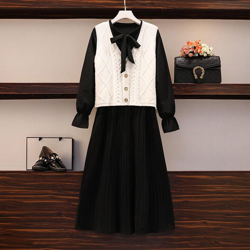 Autumn and Winter Plus Size Dress Knitted Vest Bodysuit-dress Two-piece Elastic Cuff Fashion Suit