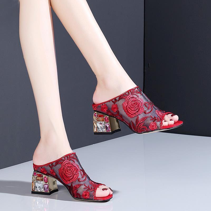 Slippers, Women's Summer Ethnic Style, Fashion Rhinestone Thick-heeled Large Size Sandals and Slippers, Mid-heel Embroidered Shoes