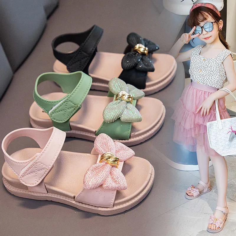 Girls Sandals Girls Summer Soft Sole Flat Beach Sandals Anti-slip Bow Decoration Casual Princess Sandals