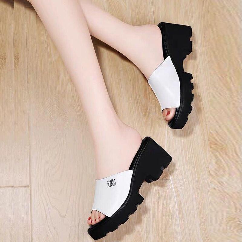 Thick-heeled Slippers Women's Summer Thick-soled Outer Wear Mid-heel All-match Fish Mouth Sandals High-heel Sandals and Slippers Lightweight