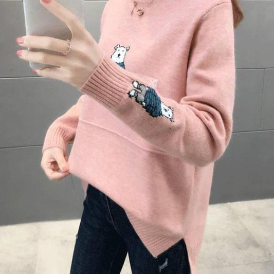 Autumn and Winter Half Turtleneck Sweater Loose Large Size Knitted Bottoming Shirt Jacquard Cute Style Female Top