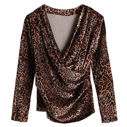 Women Elegant Golden velvet Blouse Front Cross Wrinkle Sexy Deep V-neck Long Sleeve Casual Tops Autumn  Pullover