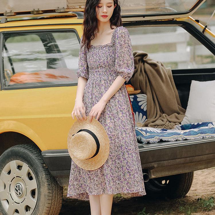 Female Vintage High Waist Super Fairy Holiday Dress Elegant Slim Chiffon Floral Print Pleated Dress