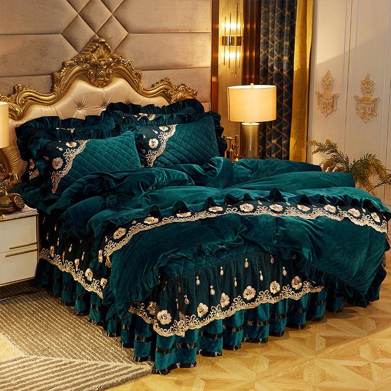 4pcs/set Crystal Velvet Warm Bed Skirt Plus Velvet Thick Bedding Korean High-end Bed Linen