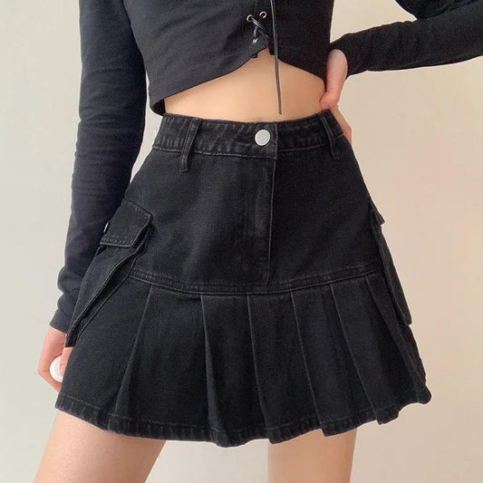 High Waist Versatile Ultra Short A-Line Skirt Spring Retro Denim Pleated Skirt