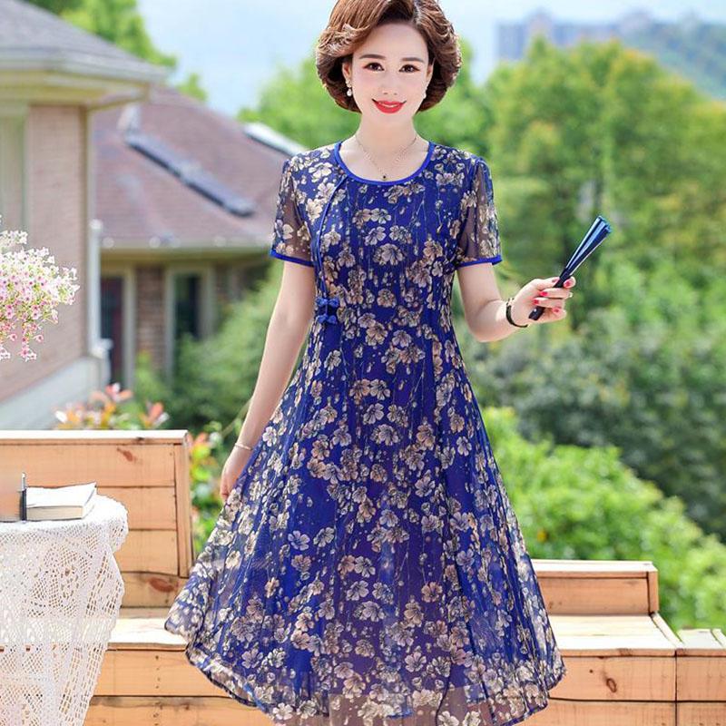 Mom Summer Dress Middle-aged and Elderly Women's Noble Mid-length Chiffon Over The Knee Summer Dress