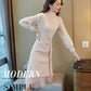 Autumn Winter Women's Long Sweater Dress Calf Length Slim Outer Wear Knit Dress with Belt