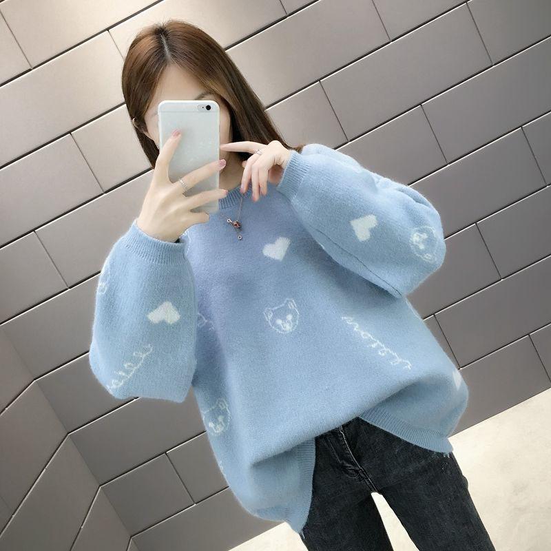 Autumn and Winter Thick Plus Size Sweater All-match Thinner Round Neck Jacket Lantern Sleeve Knitted Female Top