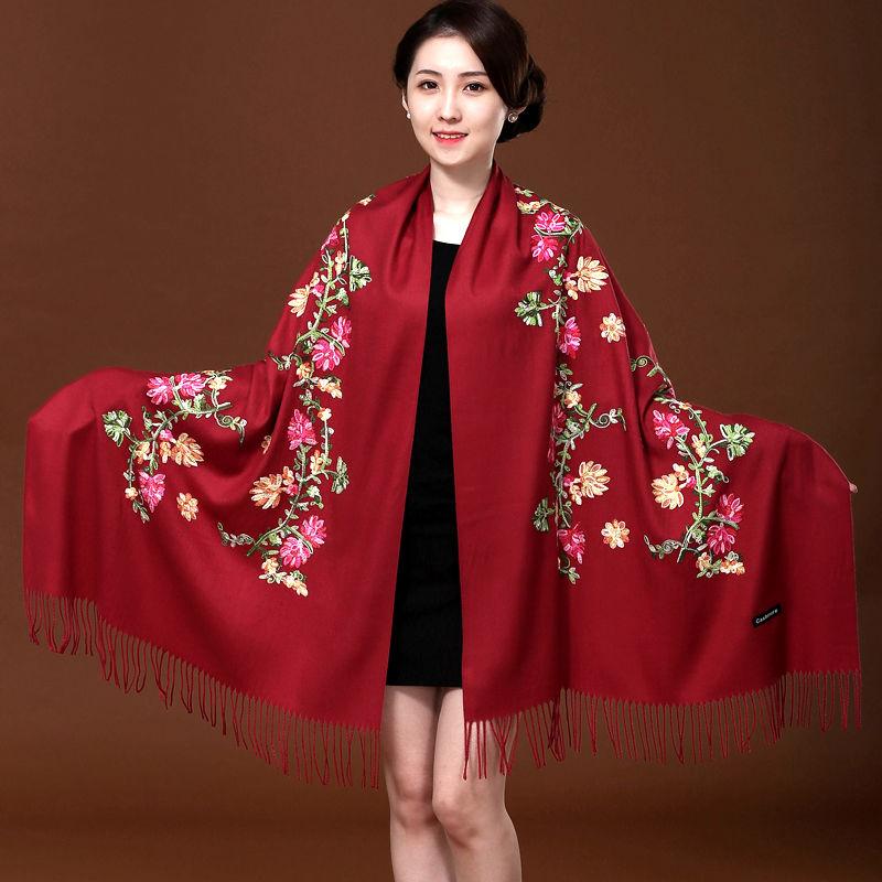 Red Embroidered Scarf Female Ethnic Style Thick Double-sided Warmth Shawl Dual-use Autumn and Winter Wild Long Section