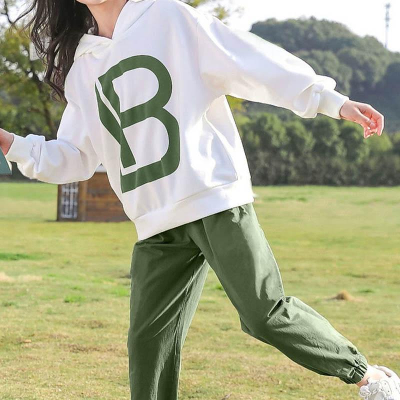 Girls Sports Set Spring and Autumn Hooded Pullover Long-sleeved Sweater Letter Printing Loose Trousers Casual Two-piece Set