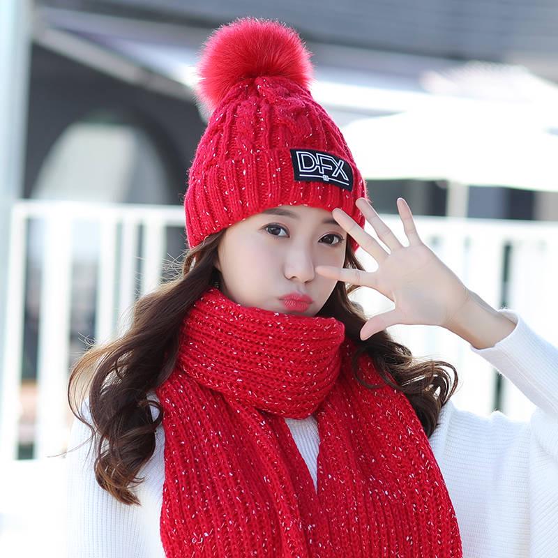 Women's Winter Hat Fur PomPoms Ball Knitted Hats Scarf Hat Set Winter Women Beanie Hat Skullies Cap