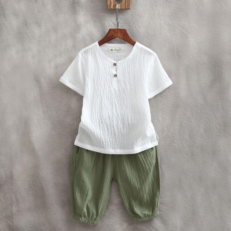 Children's  Short-sleeved Two-piece Boys Summer Cotton and Linen Suit Small and Medium Children