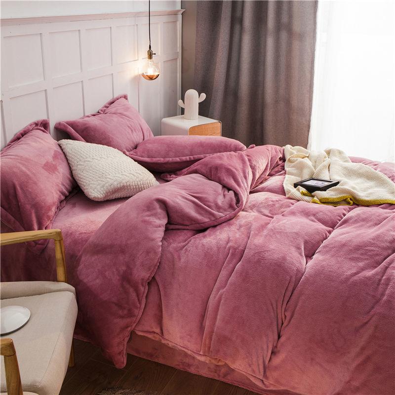 Four-piece Solid Color Fleece Coral Fleece Duvet Cover Thick Sheets Double-sided Fleece Student Winter Bedding