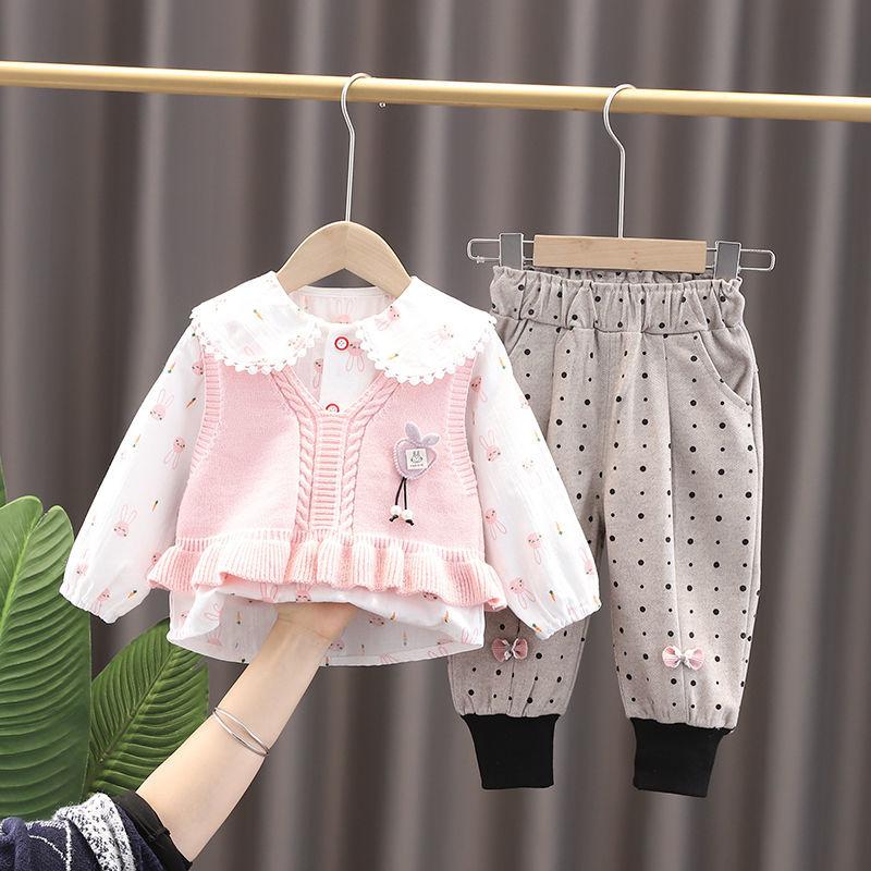 Female Baby Suit 0-4 Years Old Girl Korean Version of The Sweater Vest Three-piece Cute Spring and Autumn Long-sleeved Sets