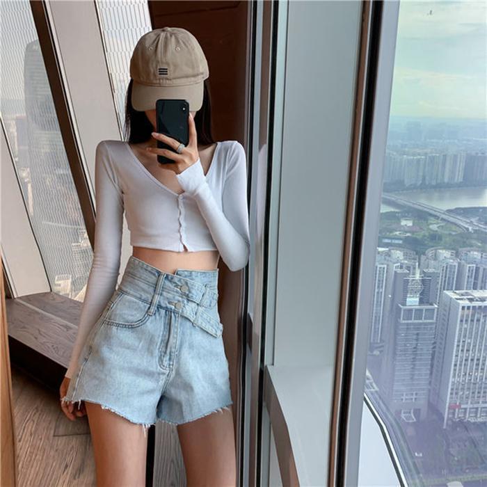 WTEMPO Spring and Summer High Waist Denim Shorts Women Loose Wide Leg A-line Thin Casual Shorts