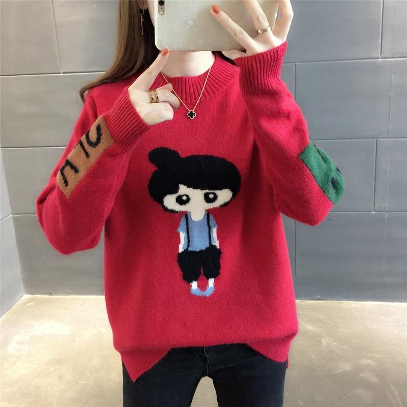 Autumn and Winter Cartoon Sweater Jacket Womens Long Sleeve All-match Knitted Sweater Woman