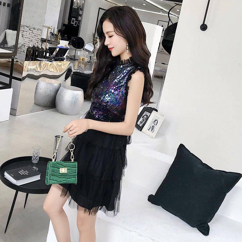 Mesh Sleeveless Sequins Party Dress Women Sequined Dress Elegant Sleeveless Layered Knee Vestidos