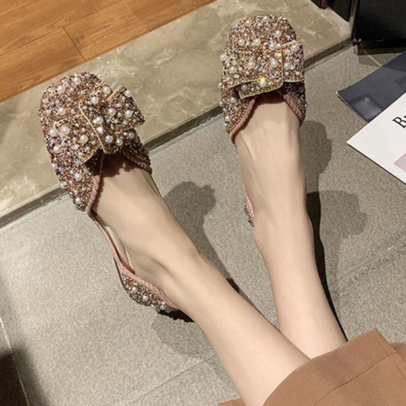 Single Shoes Women Spring and Summer Korean Version of Square Toe Flat Pearl Rhinestone Grandma Shoes Soft Sole