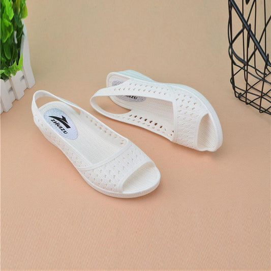 Women's Summer Hole Shoes Wedge Heel Casual Fish Mouth Sandals Soft Bottom Non-slip Beach White Nurse Shoes