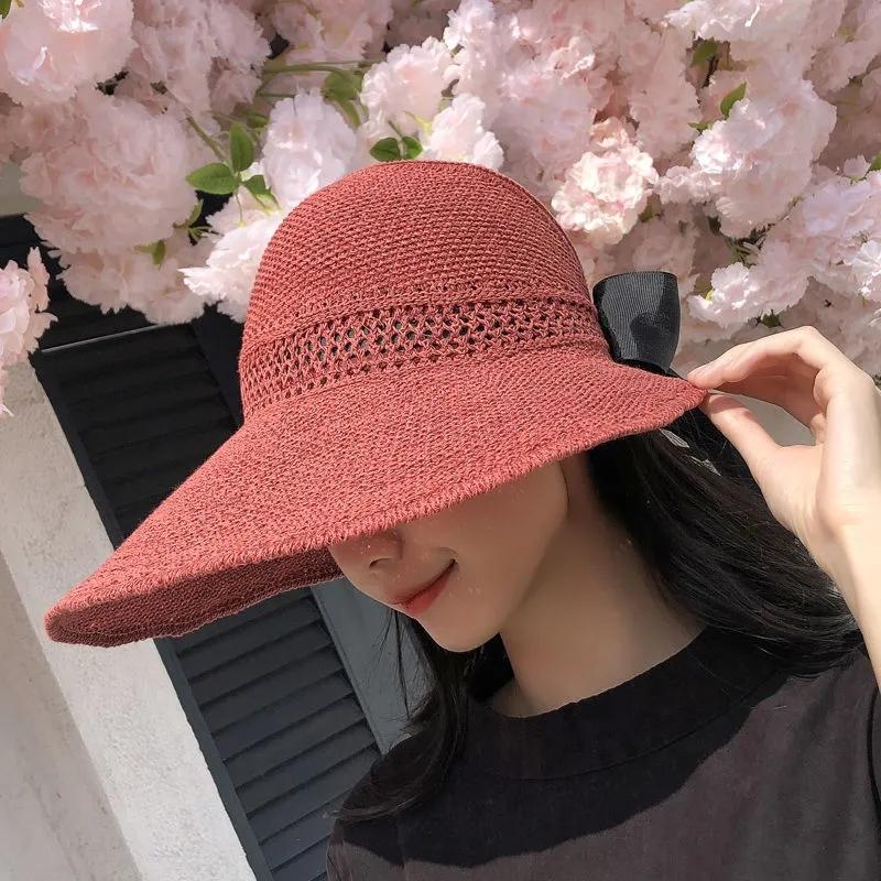 Women's Hollow Out Bow Sun Hat Empty Top Hat Foldable Sun Cap Big Brim Sun Protective Hat Summer Cool Hat All-match