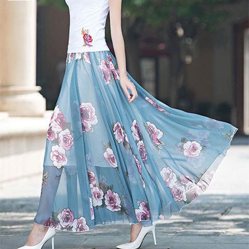 Summer New Chiffon Skirt Long Plus Size Skirt Bohemian Floral Big Swing Female Beach Skirt Long Skirt Women's A-line Skirt