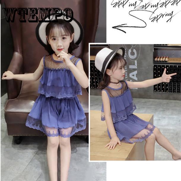 2PCS Kids Girl Clothing Short Sleeve Lace Tops + Short Pants Trousers Suit