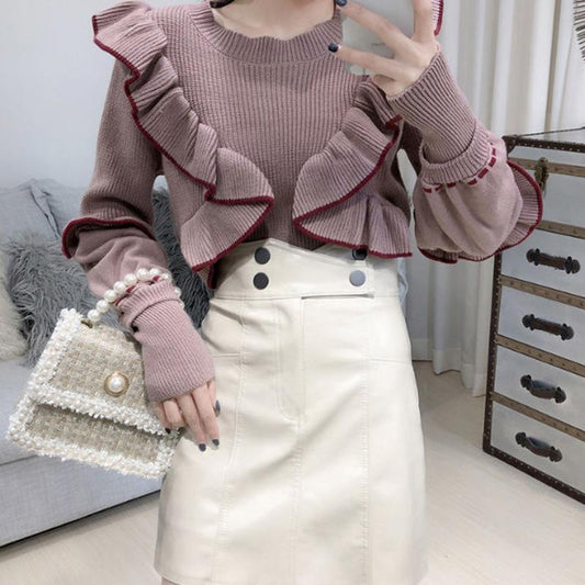 Autumn  Winter Sweater Women's Knit Sweater Round Neck Pullover Fashion Ruffled Wild Long-sleeved Bottoming Shirt