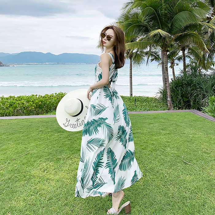 Pofulove Summer Women Green Leaf Sexy Dress Bohemia Sun-dresses Sleeveless Below Knee Beach Dresses