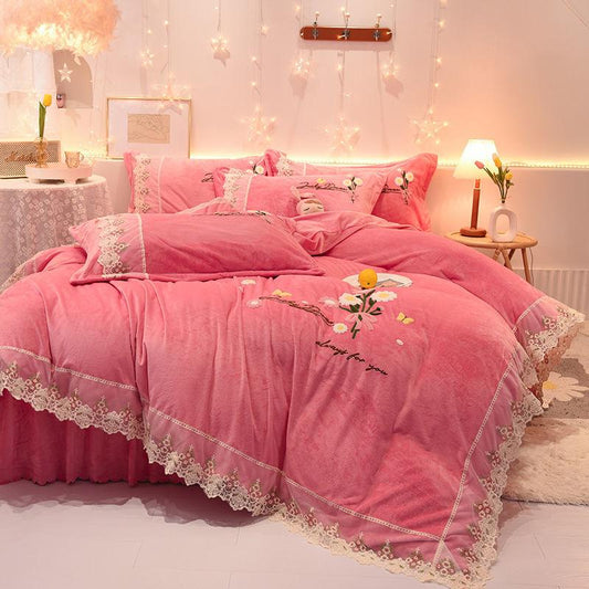 Thicken Plus Velvet Warm Coral Velvet Solid Color Fleece Bedding Princess Style High-grade Milk Velvet Four-piece Crystal Velvet