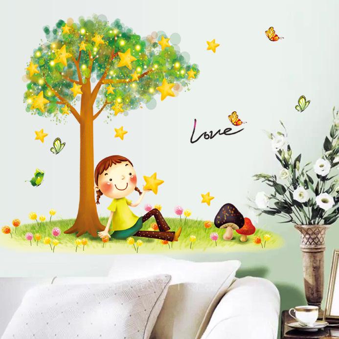 The girl under the tree the third generation removable PVC transparent film wall stickers love warm