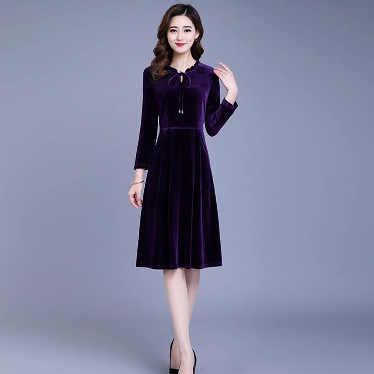 Dress autumn and winter retro temperament women's long-sleeved large size pleated A-line skirt