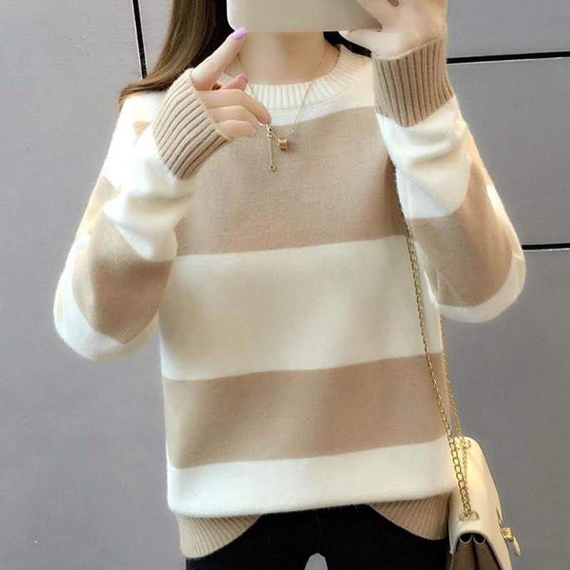 Loose blouse sweater female autumn and winter dress round neck long sleeve fashion striped sweater