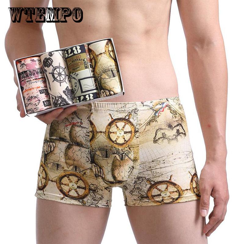 WTEMPO 4 Pcs Boxer Map Underwear Shorts Sexy Modal Fashion Boxers Male Underpants