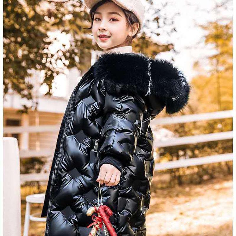 Children's Warm Down Padded Jacket Girls Mid-length Thick Children's Clothing Bright Leather and Wash-free Winter Coat