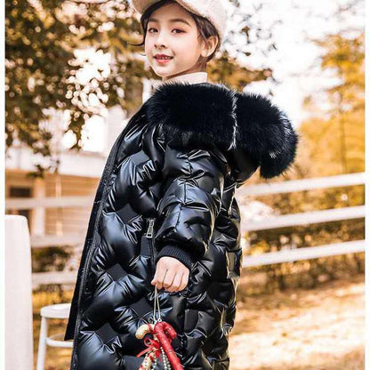 Children's Warm Down Padded Jacket Girls Mid-length Thick Children's Clothing Bright Leather and Wash-free Winter Coat