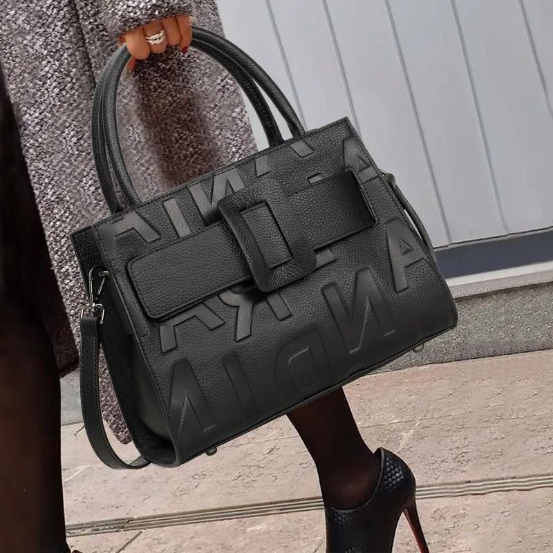 Personality European Style Black High Quality Genuine Leather Handbags for Women Bags Luxury Top-Handle Bags Large Capacity  Crossbody Bag