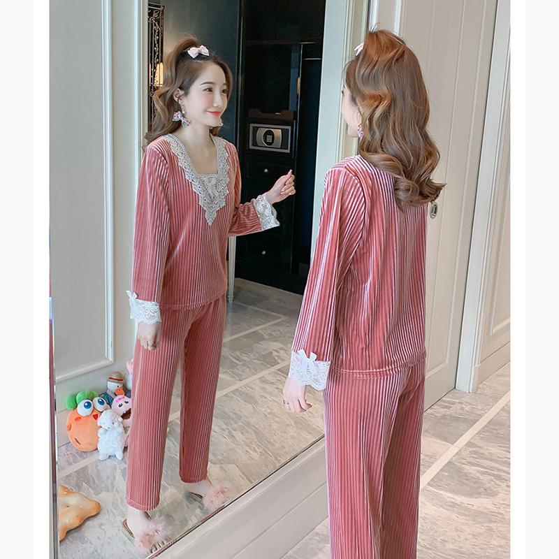 Winter Large Size Gold Velvet Pajamas Set Women's Lace Long-sleeved Sweet Home Wear Two-piece Loose Striped Square-neck Sleeping Suit