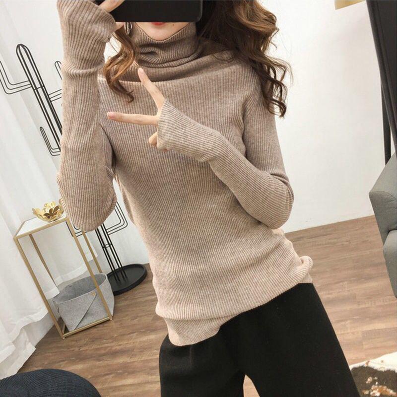 Pofulove long sleeve pullover base sweater autumn and winter tops Slim pile turtleneck sweater women