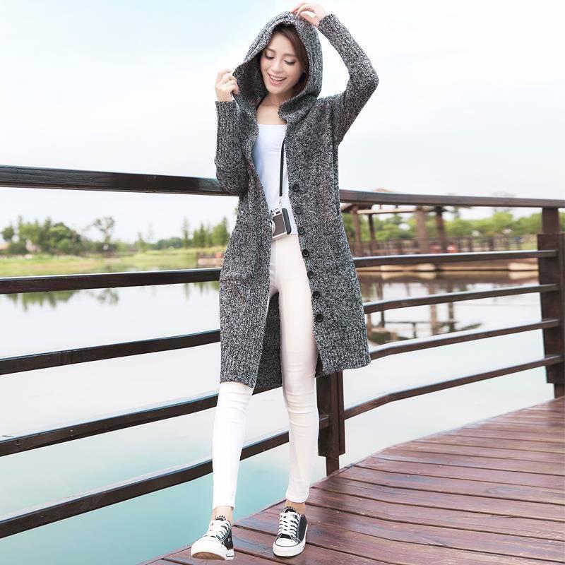 New knit cardigan women's hooded shirt in the long paragraph large size was thin thick sweater coat