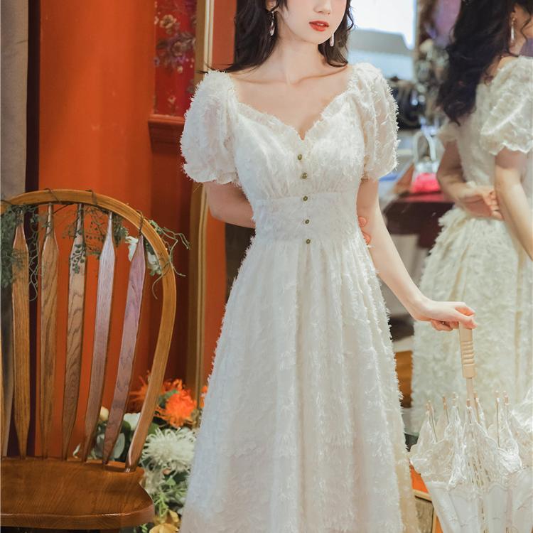 Women Summer Vintage High Waist Super Fairy Holiday Dress Elegant Slim Puff Sleeve Little Fresh Party Long Dress