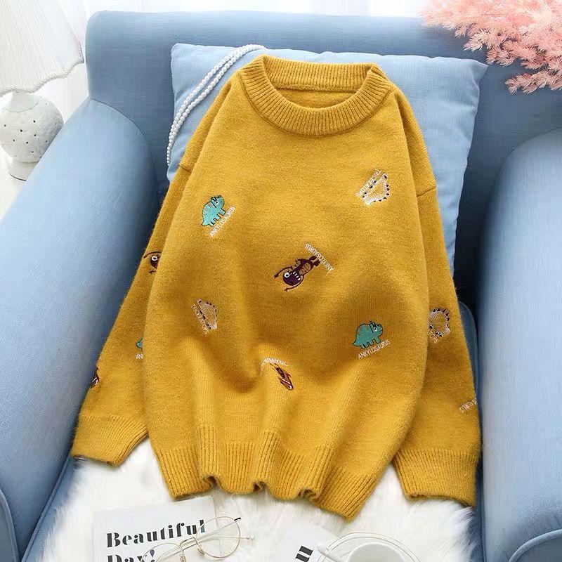 Casual Embroidery Sweater Women Loose Round Neck Pullover Sweater Thickened Warm Knitwear Jumper Outwear