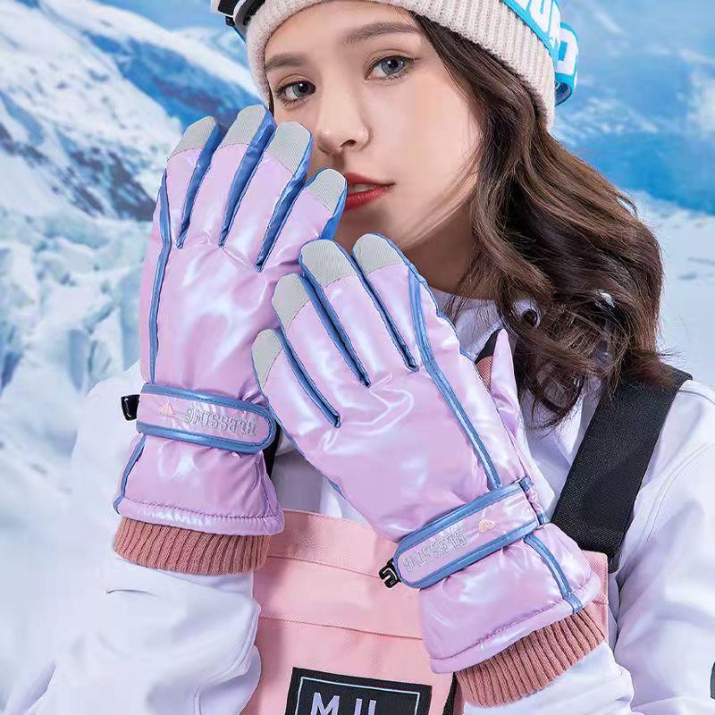 Women's Warm Ski Gloves Windproof Cold Resistant Gloves Plus Velvet Thick Cotton Girls Touch Screen Waterproof Riding Gloves Outdoor Sports Gloves