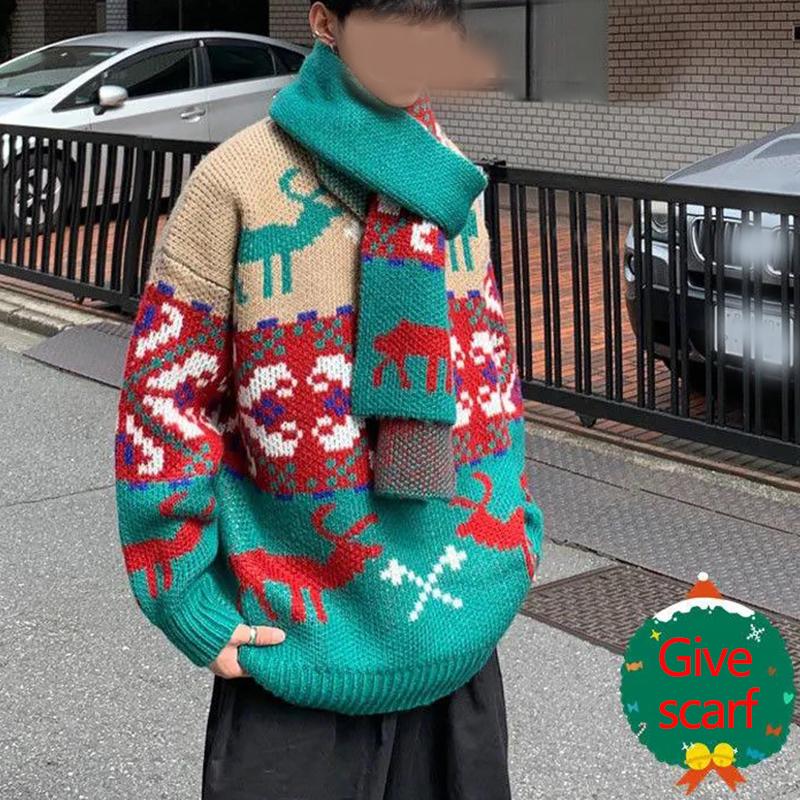 WTEMPO Christmas Couple Sweater Soft Casual Knitted Sweater Winter Warm Pullover with The Same Scarf