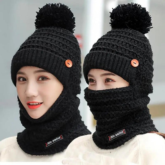 Women's Winter All-match Hats Plus Velvet Thickened Cold Proof Warm Cycling Windproof Woolen Hat with Scarf Cap Set Fur Ball Knitted Hat Bib Mask