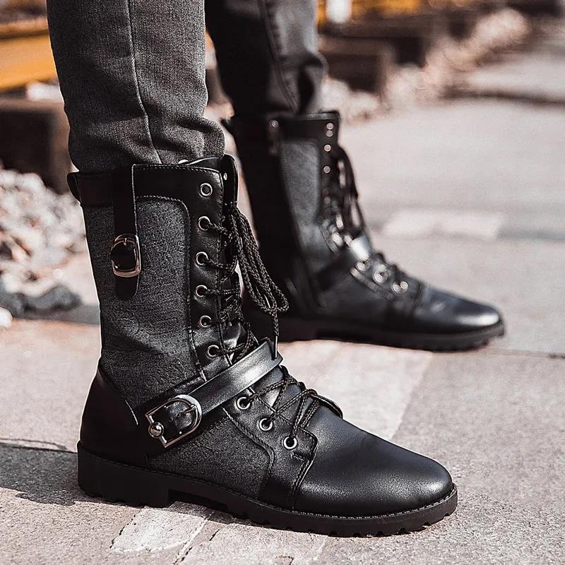 Men's Casual British Tooling Leather Boots Outdoor All-match High-top Cowboy Boots Black Handsome Motorcycle Boots